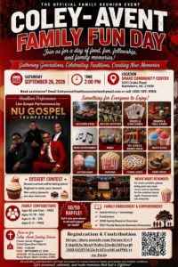 Coley-Avent Family Fun Day 2026 Flyer - September 26th Activities & September 27th Service