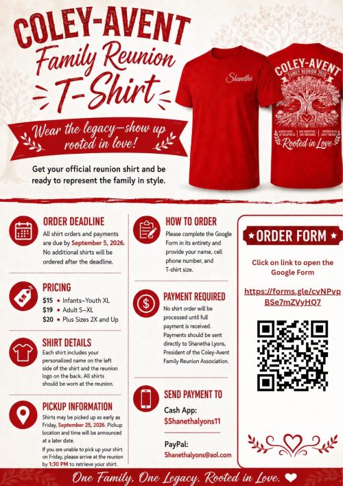 Coley-Avent Family Associaation - Family Fun Day 2026 Tshirt Ordering Info